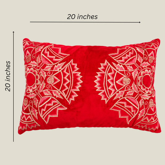 The Luxelife Red Velvet Floral Fully Embroidered Cushion Cover