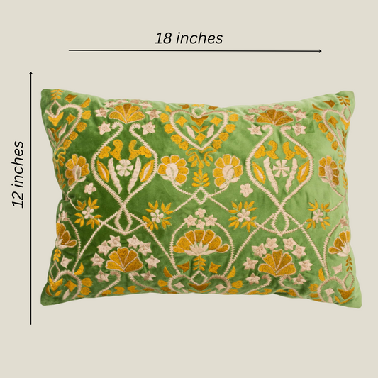 The Luxelife Green Velvet Floral Fully Embroidered Cushion Cover