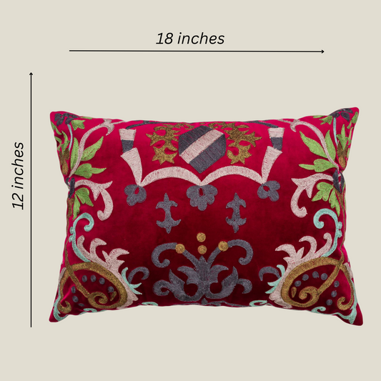 The Luxelife Maroon Velvet Floral Fully Embroidered Cushion Cover