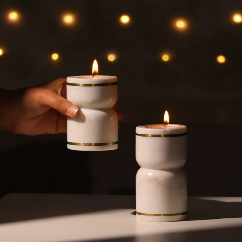 Tarsie Marble Tealight Holders, Set of 2 - White Gold