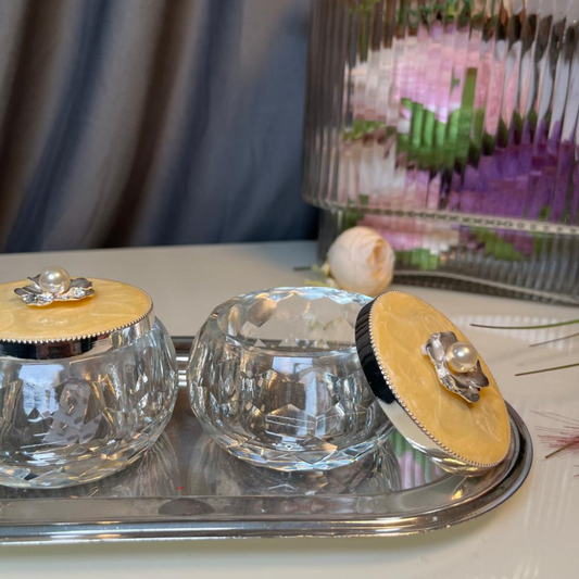 Crystal Bowls With Oval Silver Tray (Set of 2) Size-Small