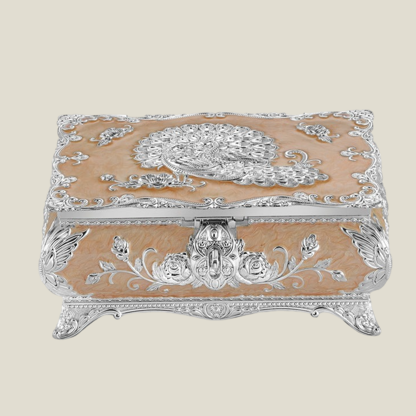 Peacock enamel jeweller box Large - Peach