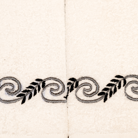 The LuxeLife White Hand Towel with Grey & Black Embroidered