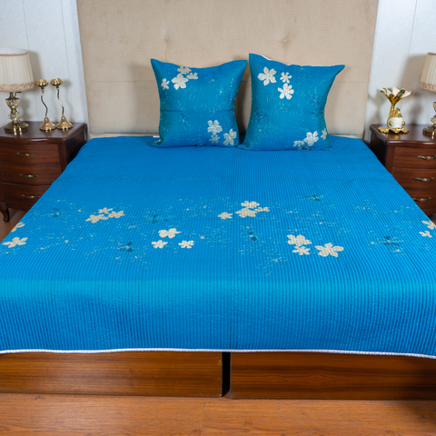 The LuxeLife Silk Blue Floral Bedcover