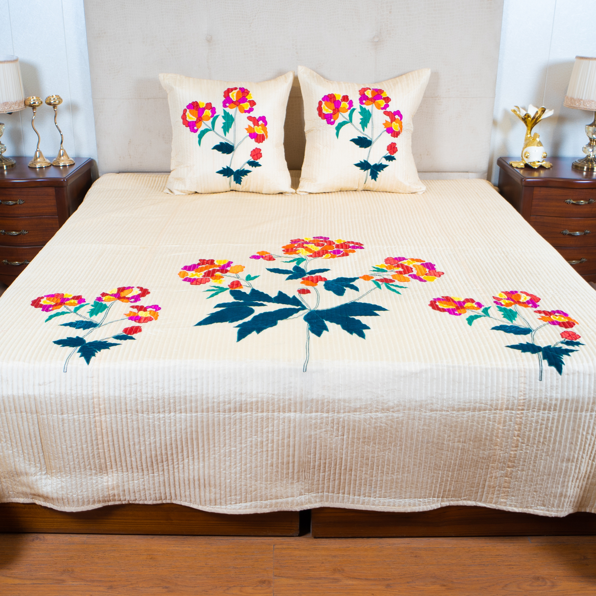 The LuxeLife Beige Embroidered Bedcover