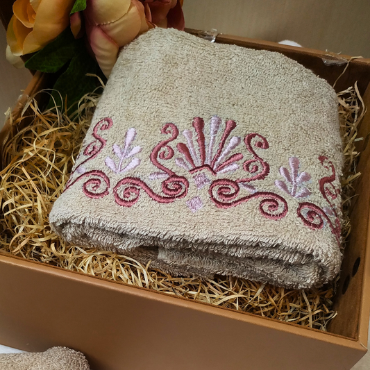 The Luxelife Beige Hand Towel with Brown Embroidery