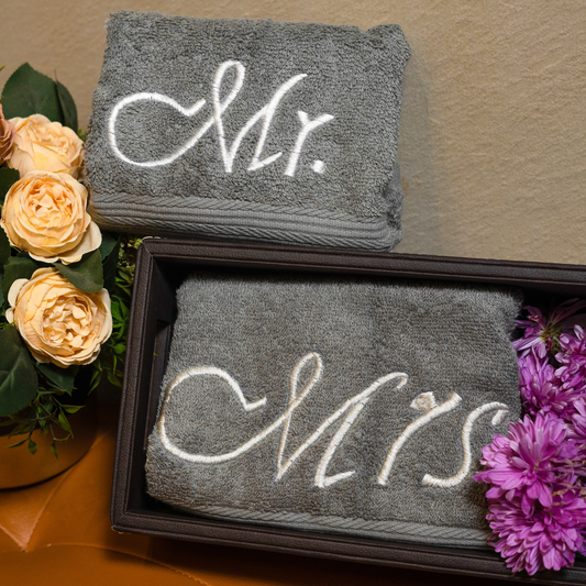 The Luxelife Grey Hand Towel with Mr. & Mrs. Embroidery