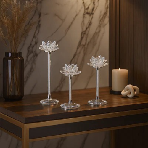 SET OF 3 CRYSTAL FLOWER CANDLE HOLDER
