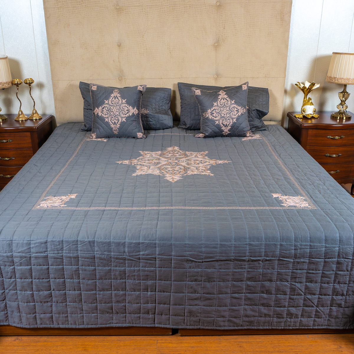 The LuxeLife Grey Cotton Embroidered Bedcover