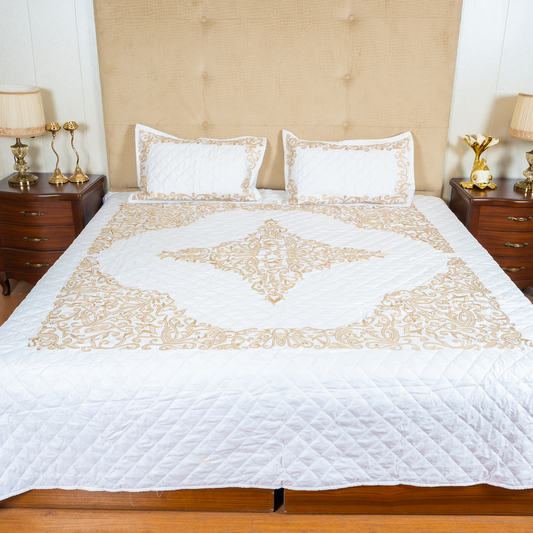 The LuxeLife Quilted Cotton Embroidered Bedcover (Beige Embroidery)