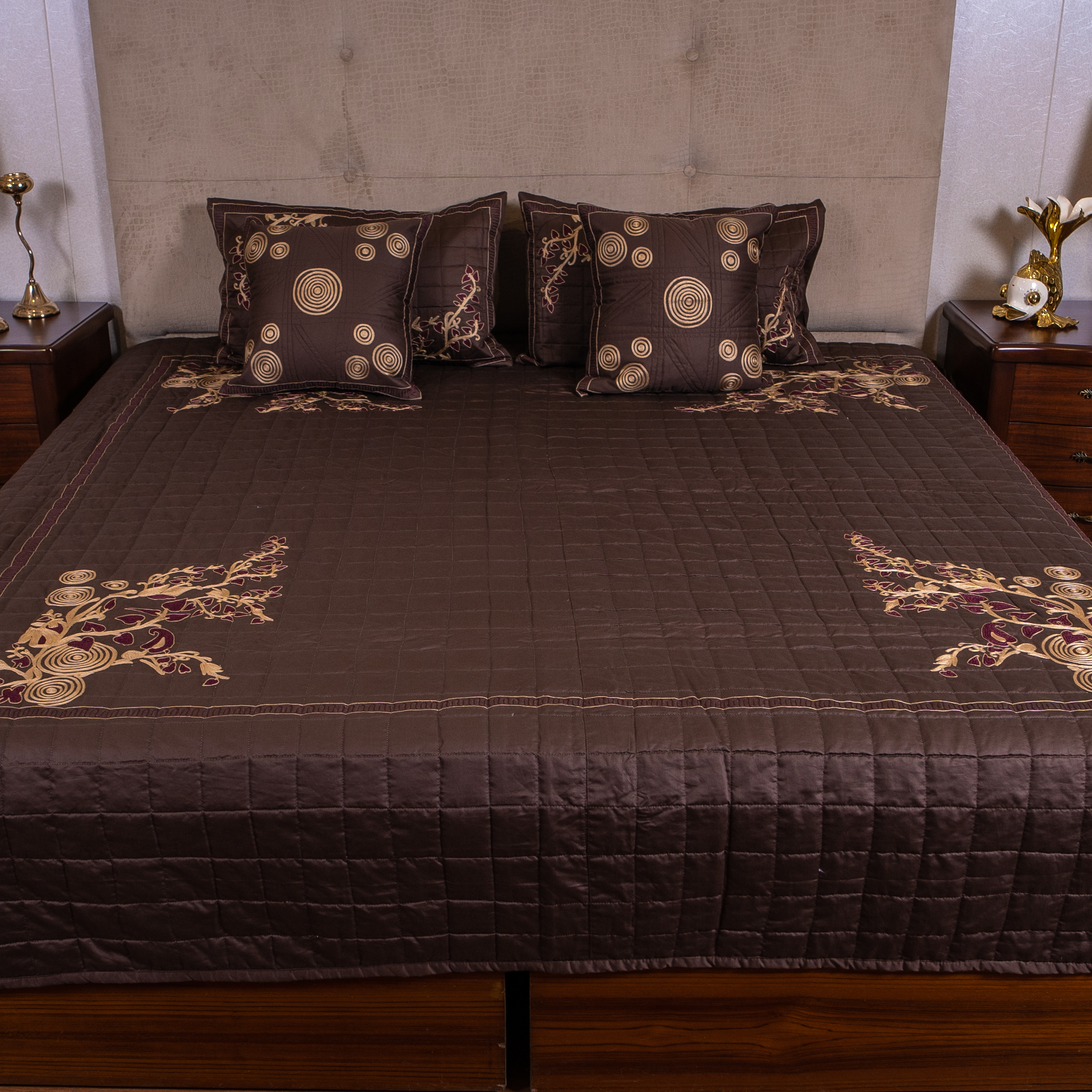 The LuxeLife Brown Cotton Embroidered Bedcover