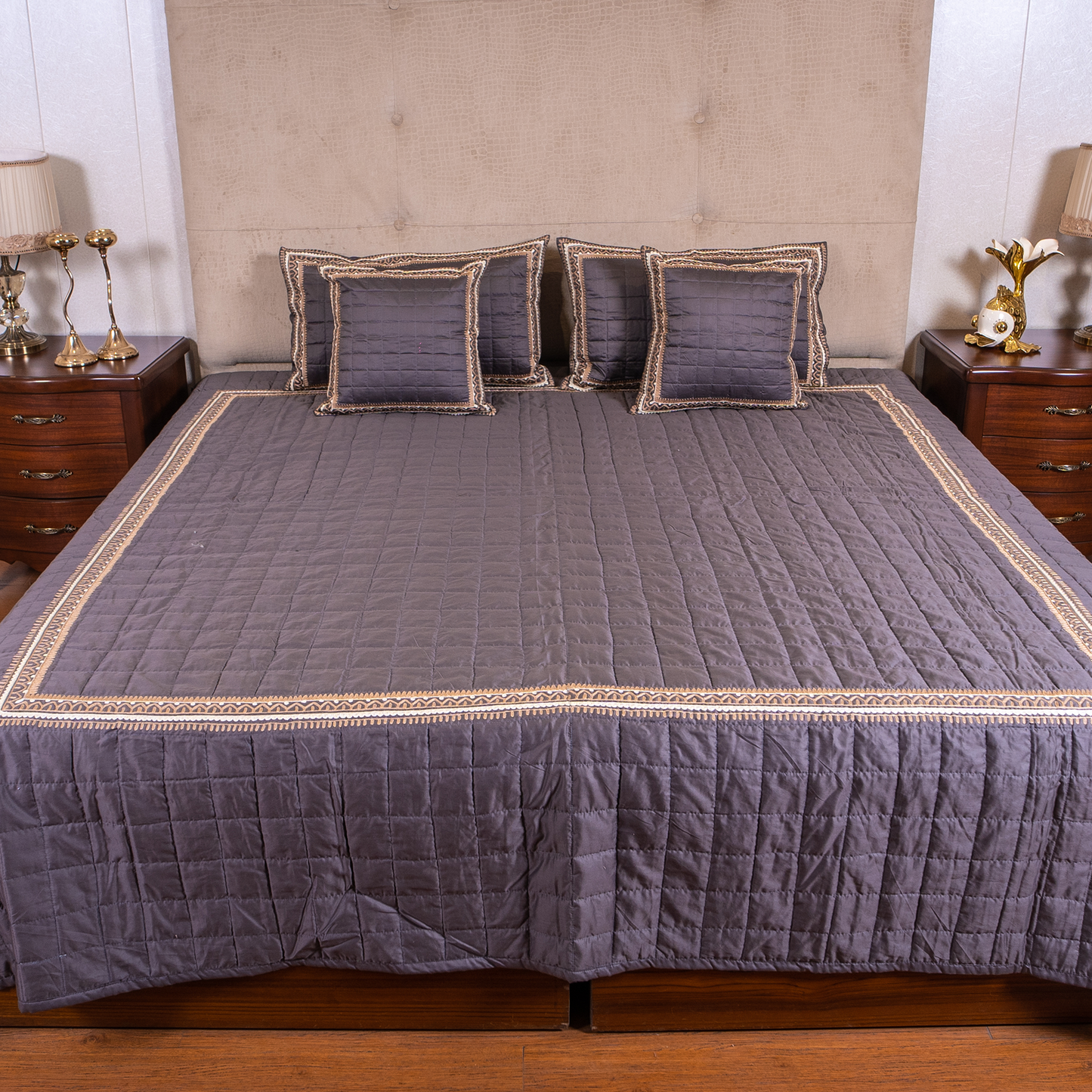 The LuxeLife Grey Cotton Embroidered Bedcover