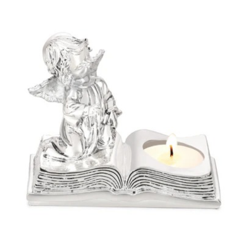 ANGEL WITH BOOK TEALIGHT SILVER GLOSSY