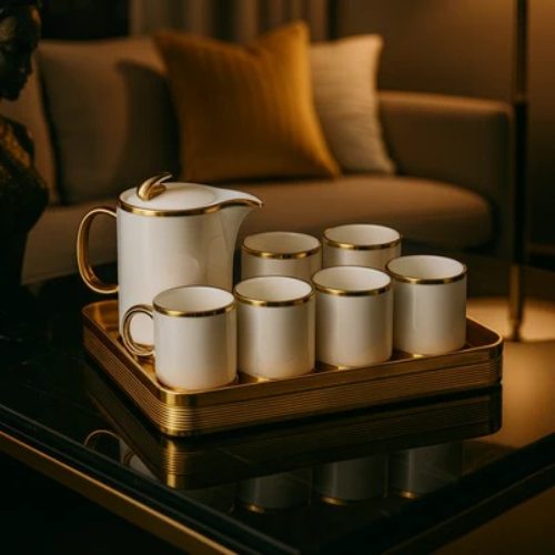 8 PC EXECUTIVE TEA SET WITH TRAY WHITE