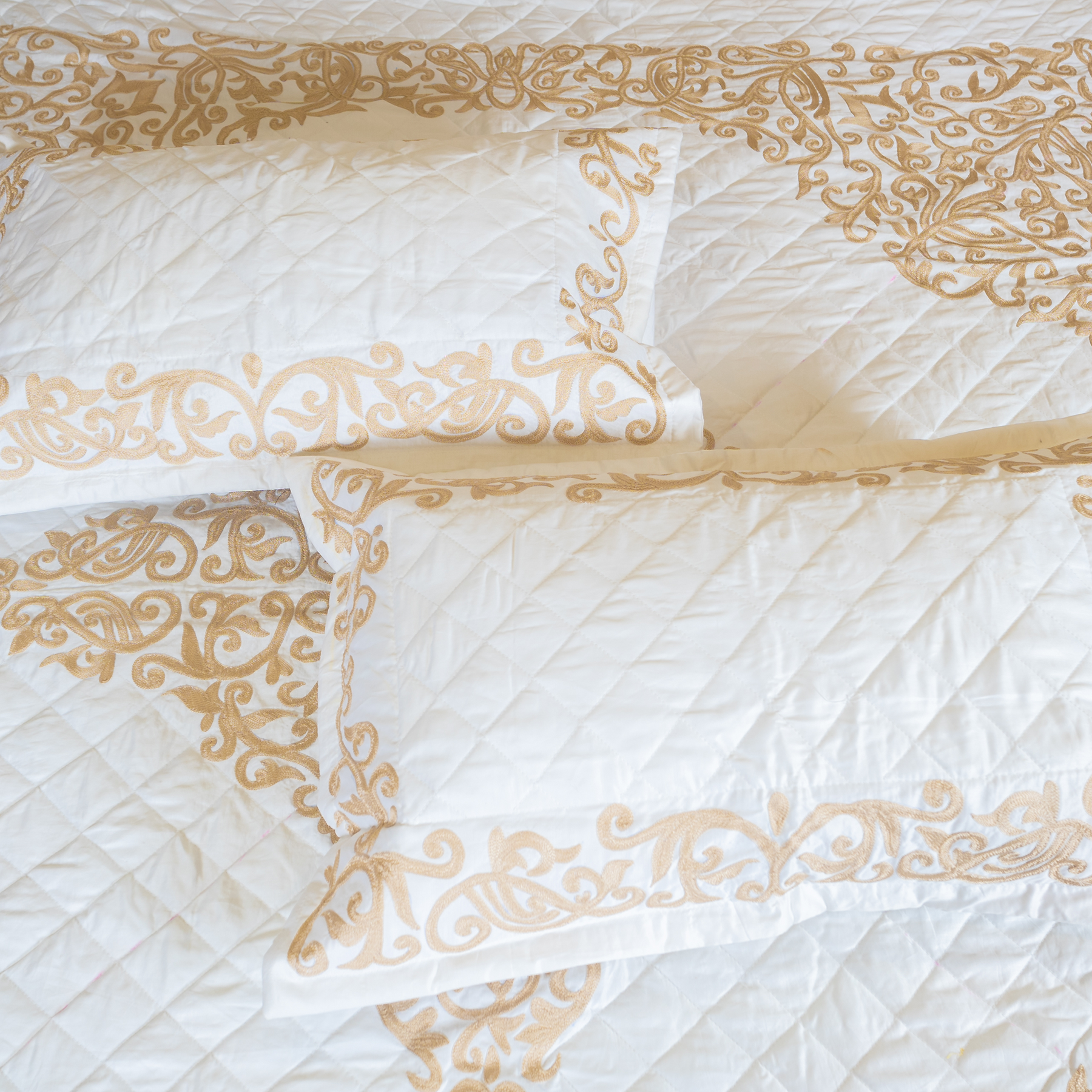 The LuxeLife Quilted Cotton Embroidered Bedcover (Beige Embroidery)