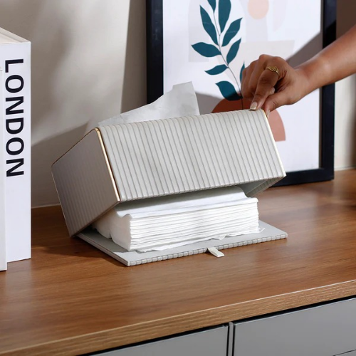 GOLD EDGE TISSUE BOX HOLDER -LIGHT GREY