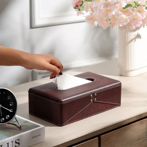 OPHELIA STUDDED TISSUE BOX HOLDER - BURGUNDY