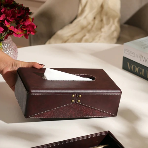 OPHELIA STUDDED TISSUE BOX HOLDER - BURGUNDY