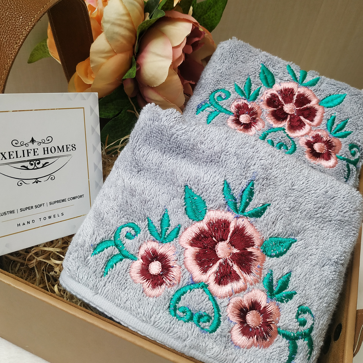 The Luxelife Grey Hand Towel with Floral Embroidery