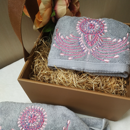 The Luxelife Grey Hand Towel with Pink Embroidery