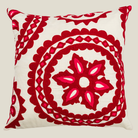 The Luxelife Off White Cotton Red Floral Fully Embroidered Cushion Cover