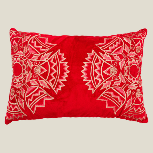 The Luxelife Red Velvet Floral Fully Embroidered Cushion Cover