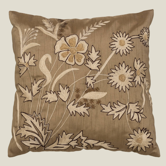 The Luxelife Brown Floral Fully Embroidered Cushion Cover