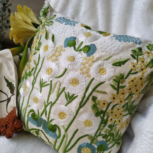 The Luxelife White Floral Embroidered Cushion Cover
