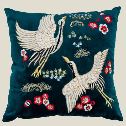 THE LUXELIFE GREEN EMBROIDERED FAUNA CUSHION COVER