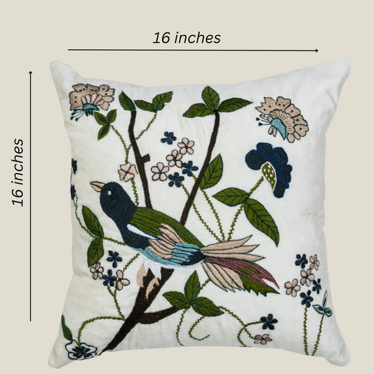 THE LUXELIFE MULTICOLOR SPARROW EMBROIDERY CUSHION COVER