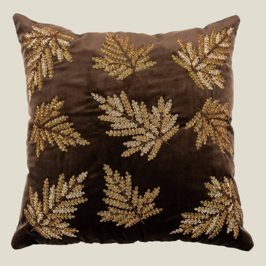 The Luxelife Handcrafted Brown Velvet Cushion Cover (Leafy Embroidery)