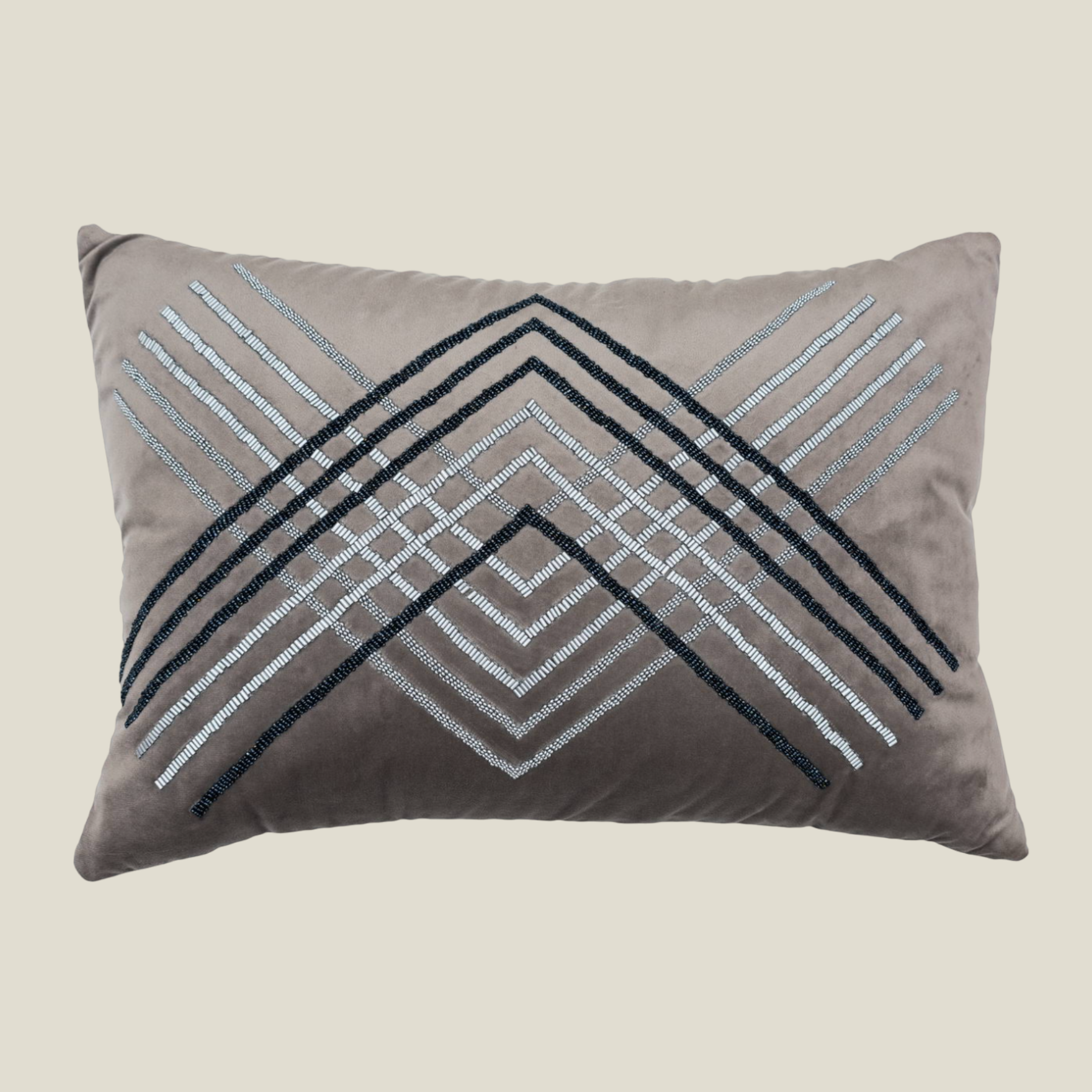 The Luxelife Handcrafted Grey Velvet Cushion Cover (Zigzag Embroidery)