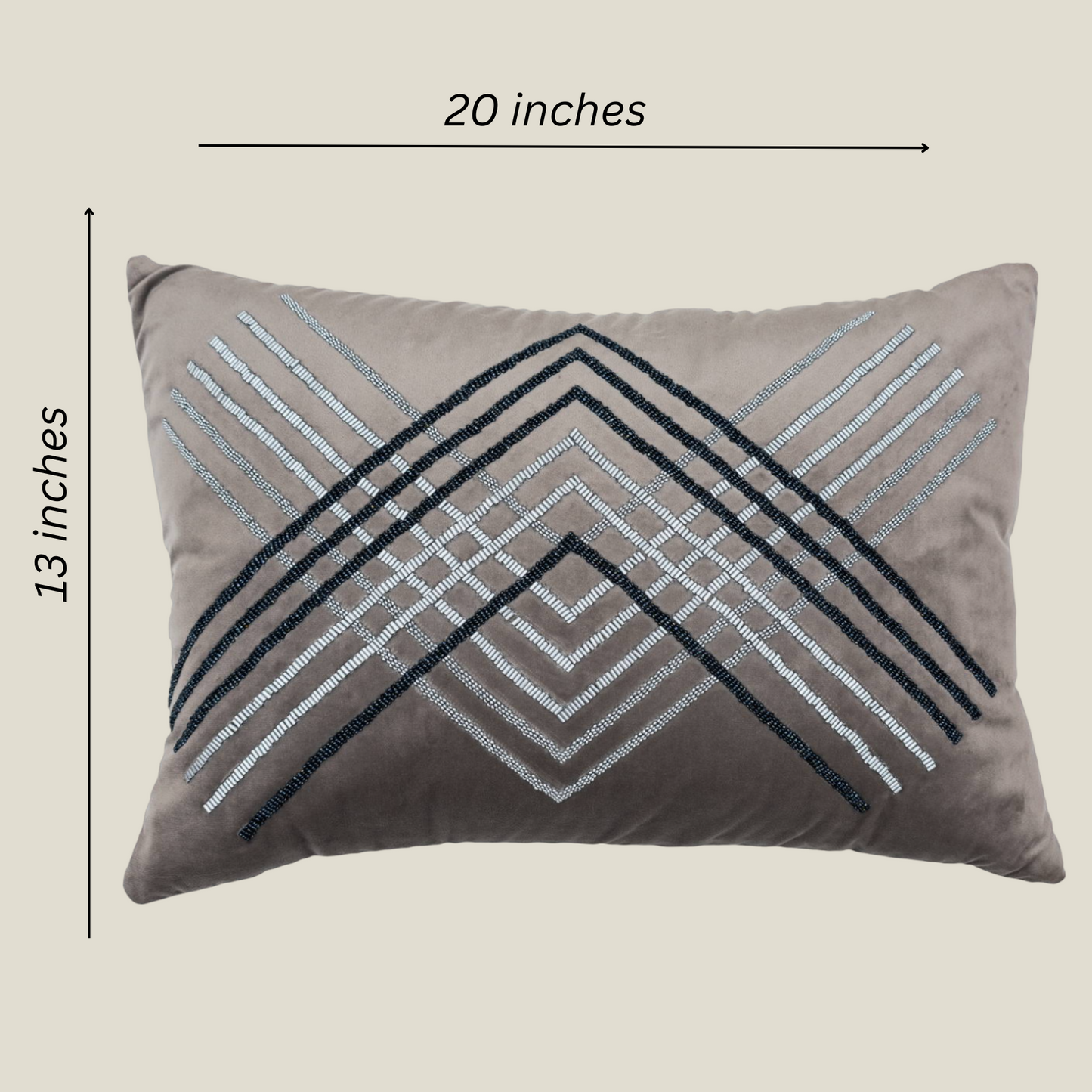 The Luxelife Handcrafted Grey Velvet Cushion Cover (Zigzag Embroidery)