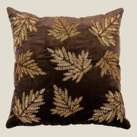 The Luxelife Handcrafted Brown Velvet Cushion Cover (Leafy Embroidery)