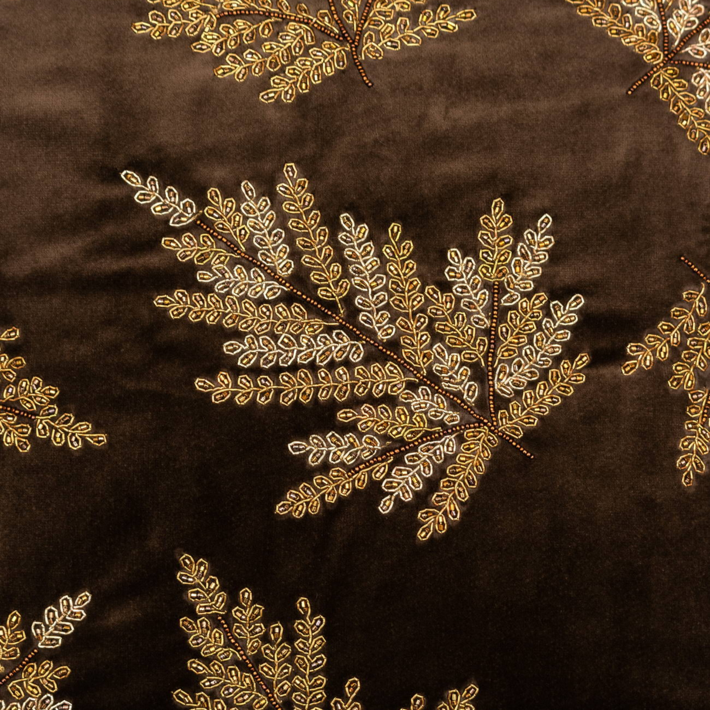 The Luxelife Handcrafted Brown Velvet Cushion Cover (Leafy Embroidery)