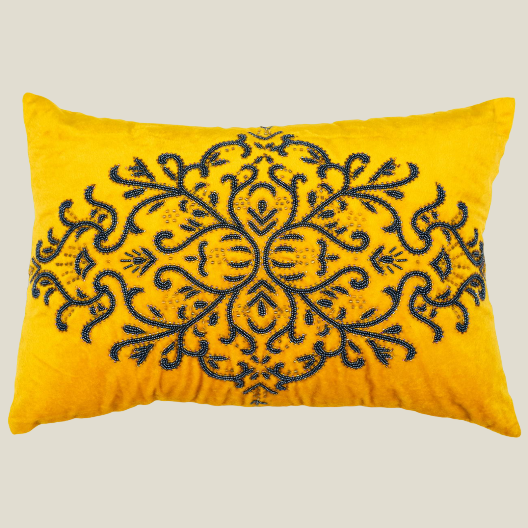 The Luxelife Handcrafted Yellow Velvet Cushion Cover (Floral Embroidery)