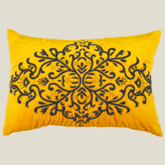 The Luxelife Handcrafted Yellow Velvet Cushion Cover (Floral Embroidery)