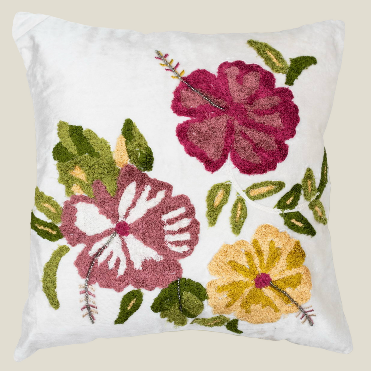 The Luxelife White Velvet Floral Embroidered Cushion Cover