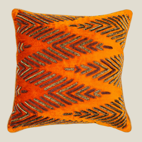 The Luxelife Handcrafted Orange Velvet Cushion Cover (Zigzag Embroidery)