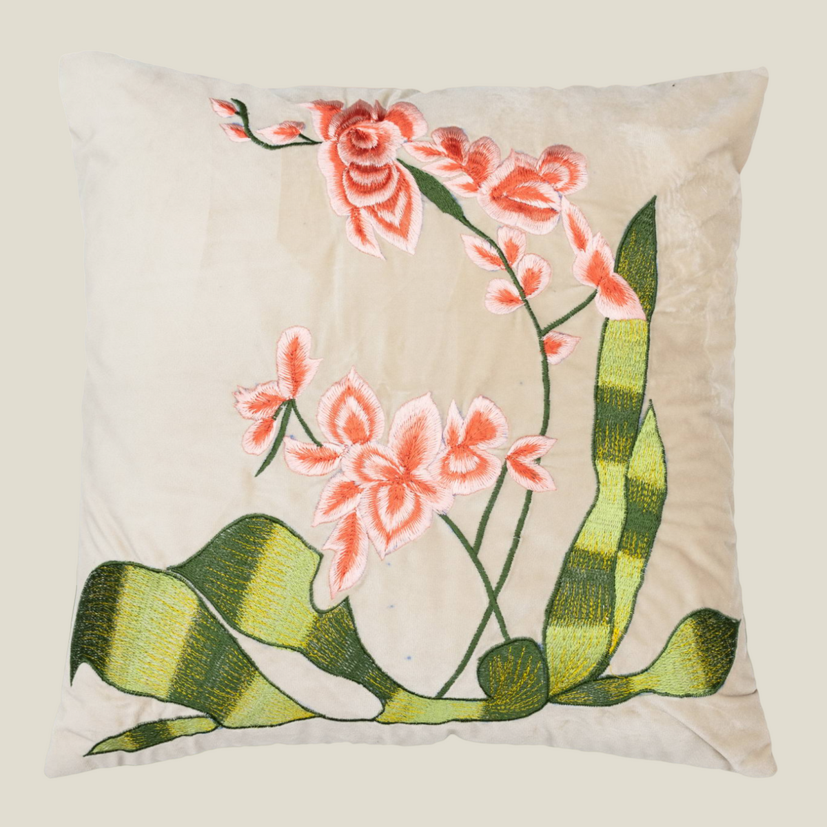 The Luxelife Beige Velvet Floral Orange Embroidered Cushion Cover