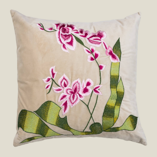 The Luxelife Beige Velvet Floral Pink Embroidered Cushion Cover