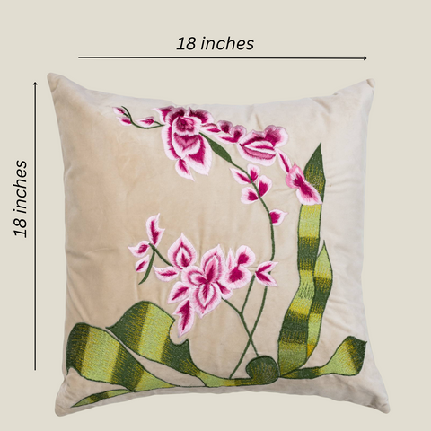 The Luxelife Beige Velvet Floral Pink Embroidered Cushion Cover