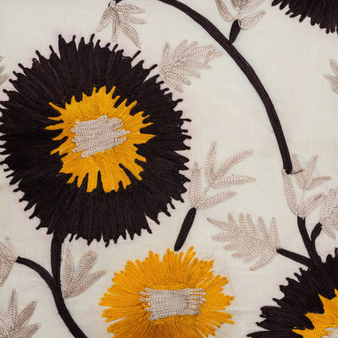 The Luxelife Off-White Cotton Floral Brown & Yellow Embroidered Cushion Cover