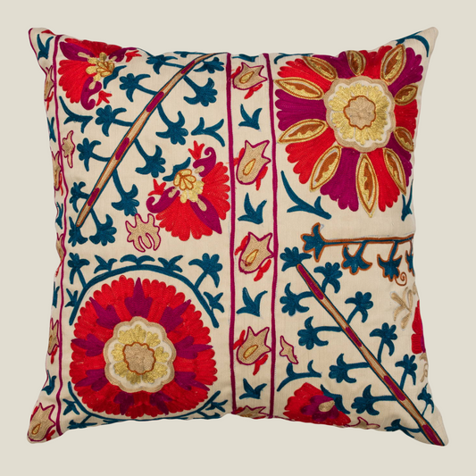 The Luxelife Beige Dupion Floral Kashmiri Embroidered Cushion Cover