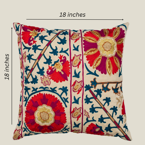The Luxelife Beige Dupion Floral Kashmiri Embroidered Cushion Cover