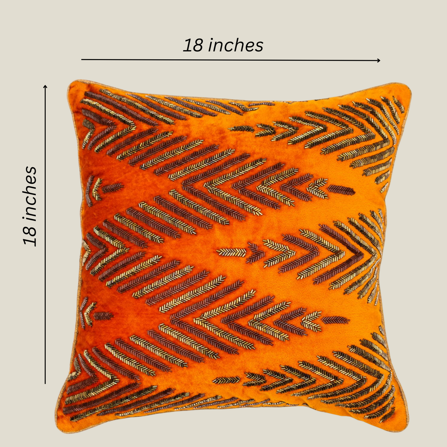 The Luxelife Handcrafted Orange Velvet Cushion Cover (Zigzag Embroidery)