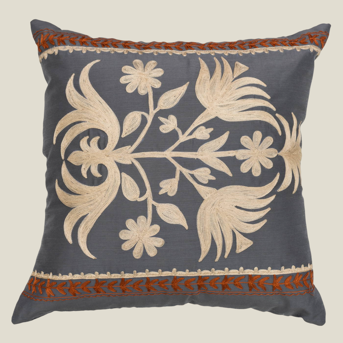 The Luxelife Grey Dupion Floral Embroidered Cushion Cover
