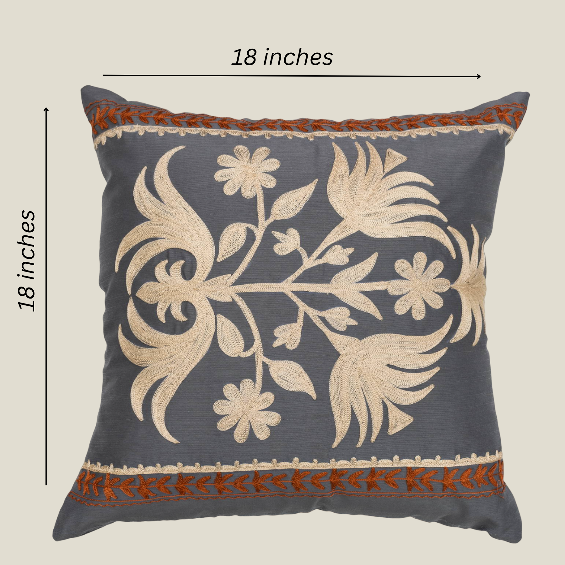 The Luxelife Grey Dupion Floral Embroidered Cushion Cover