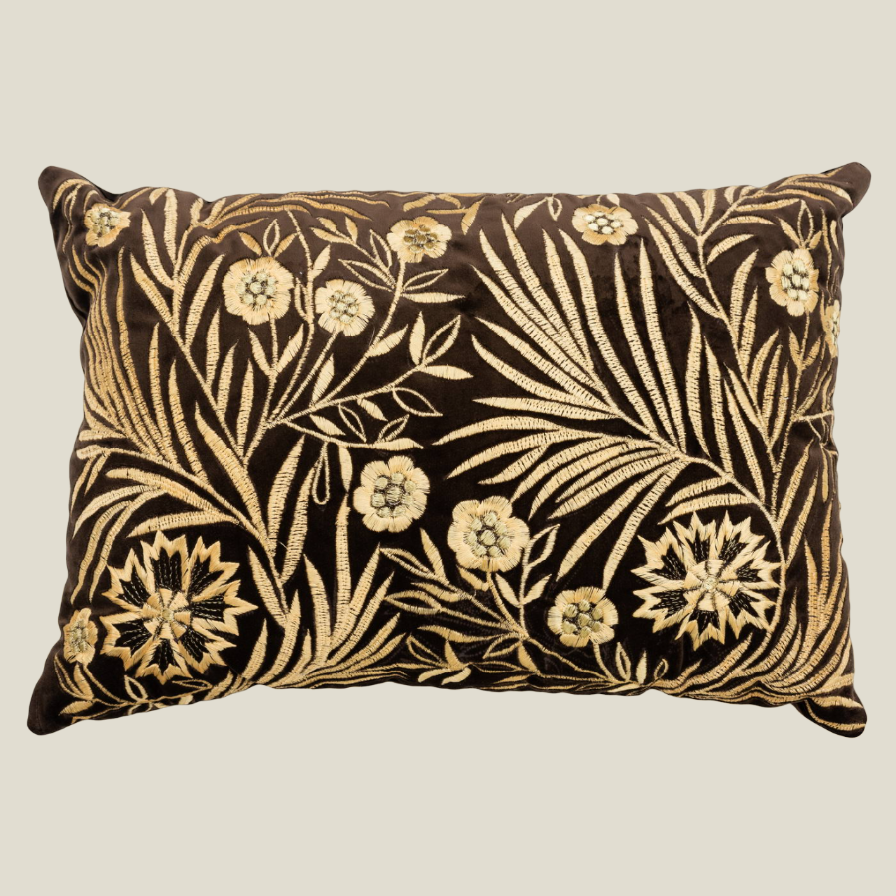 The Luxelife Brown Velvet Floral Fully Embroidered Cushion Cover