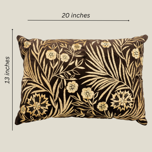 The Luxelife Brown Velvet Floral Fully Embroidered Cushion Cover